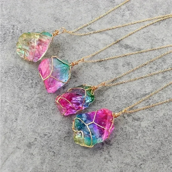 NEW! Wrapped Wire Raw Rainbow Quartz Crystal Pendant Necklace - Picture 6 of 7